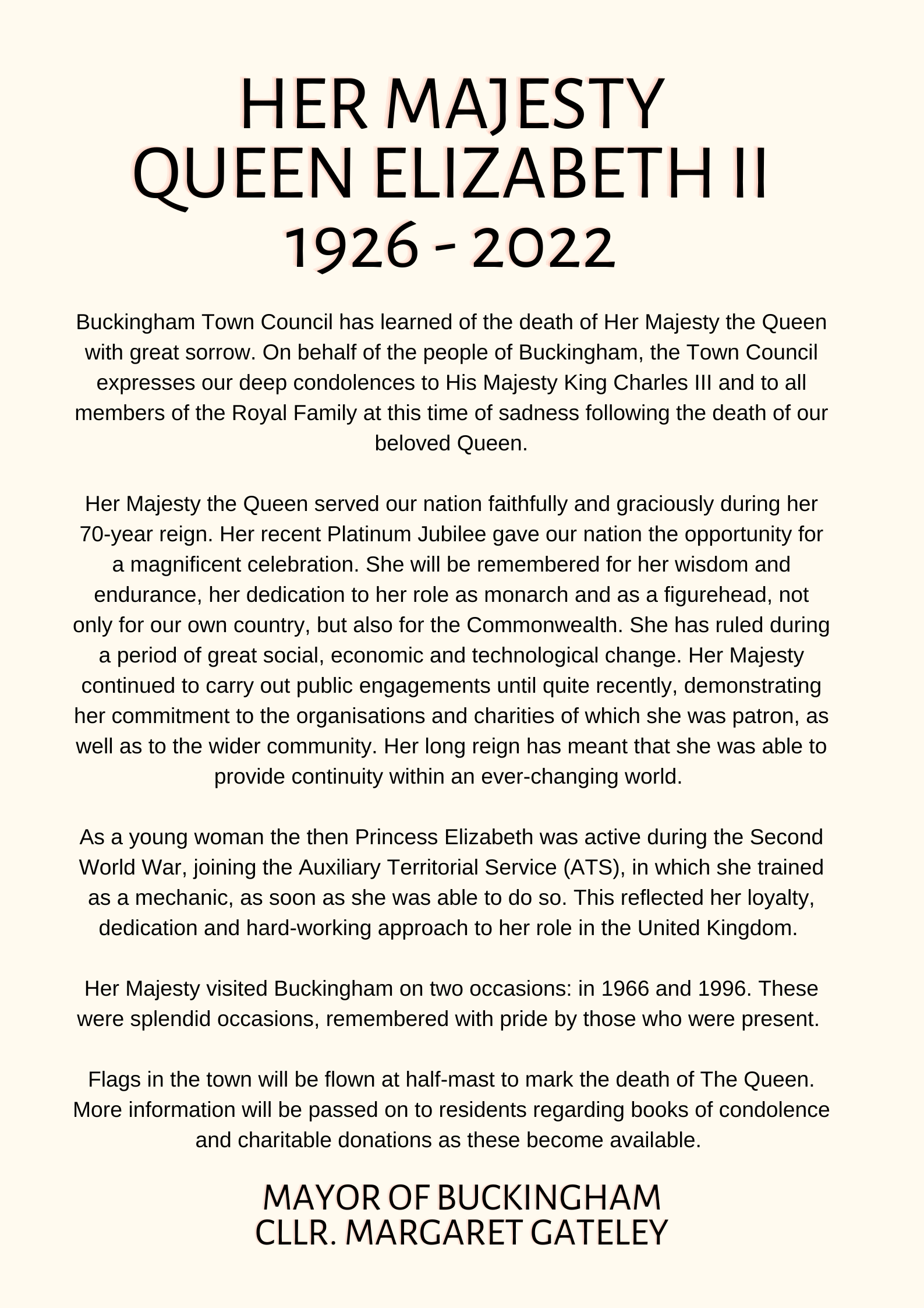 Her Majesty Queen Elizabeth II 1926 2022 Statement from the Mayor of
