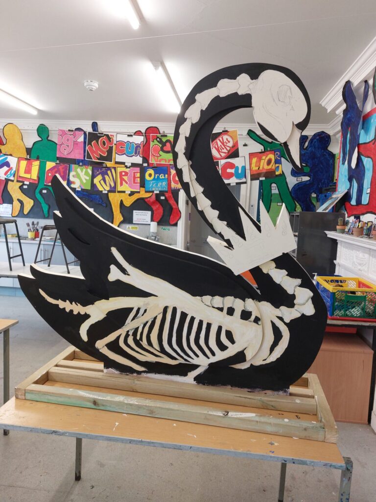 swan skeleton painted sculpture