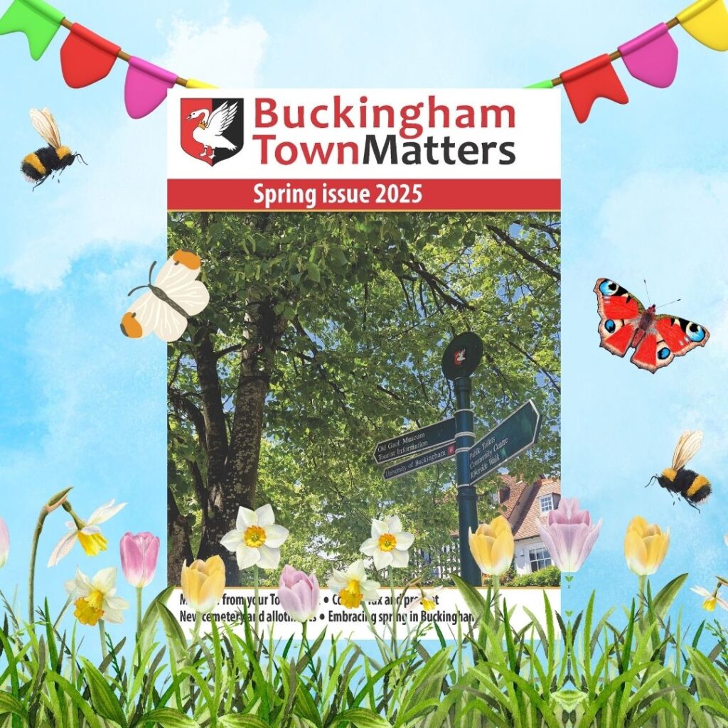 Spring image of front cover with butterflies, bees and springtime border.